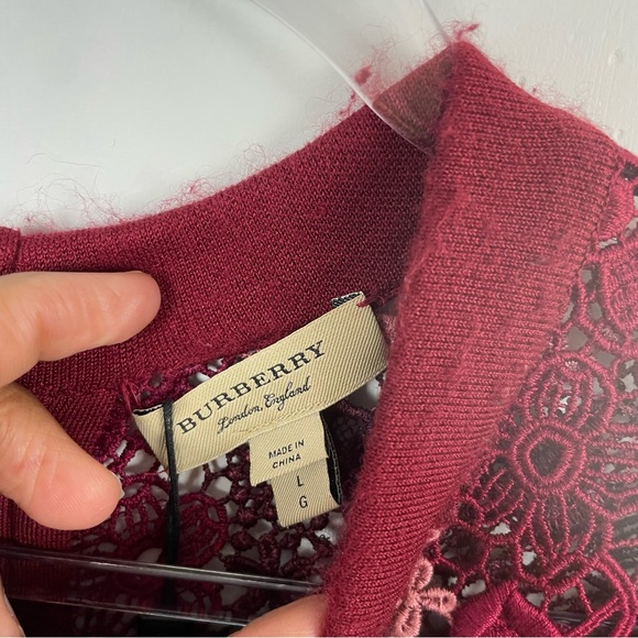 Burberry London Macrame Yoke 3/4 Sleeve Dress Carmine Red Size Large - Picture 9 of 14